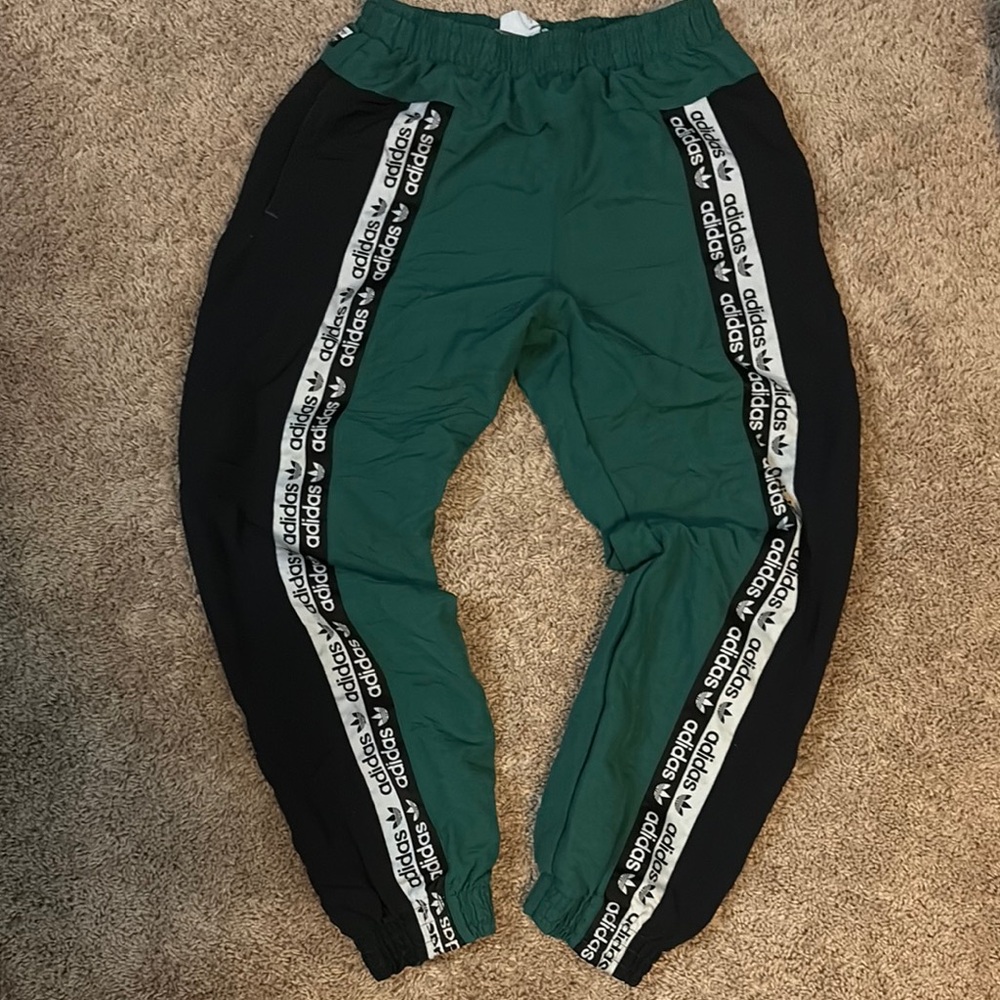 Adidas Men’s Green and Black Joggers with Logo Stripes
